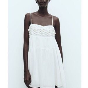 Zara White Spaghetti Strap Sundress Mini with Shells and Beaded Details